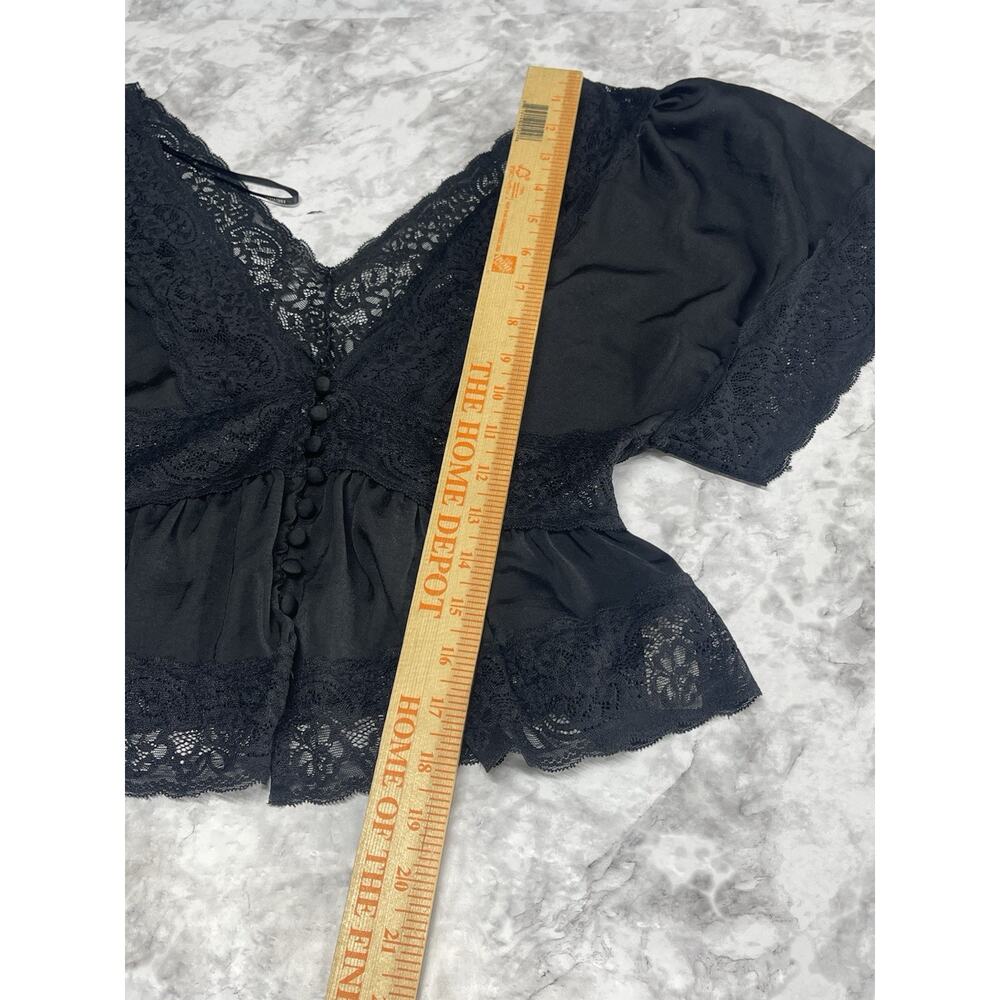 Dark Academia Coquette Black Lace Peplum Top Deep V Gothic Cottagecore Blouse S - Picture 11 of 15